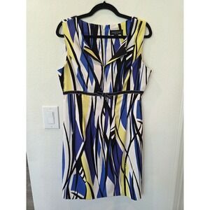 PERCEPTIONS NY Abstract Geo Blue Yellow Dress Knee/Mini Length Sz 10 Black Bow